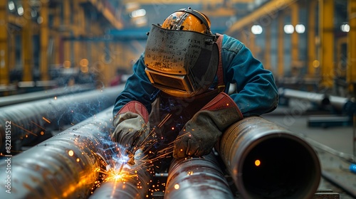 Industrial Background, Worker welding industrial pipes, with sparks flying and protective gear visible, emphasizing the craftsmanship and safety. Illustration image,