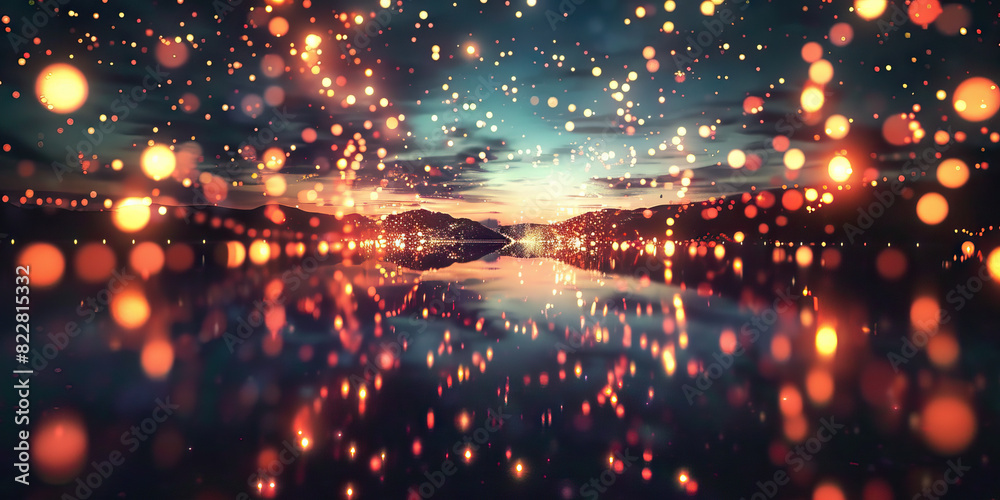 Fototapeta premium The Flickering Void: A dark, mysterious void filled with flashing lights, reflecting off of a distant, indistinct landscape.