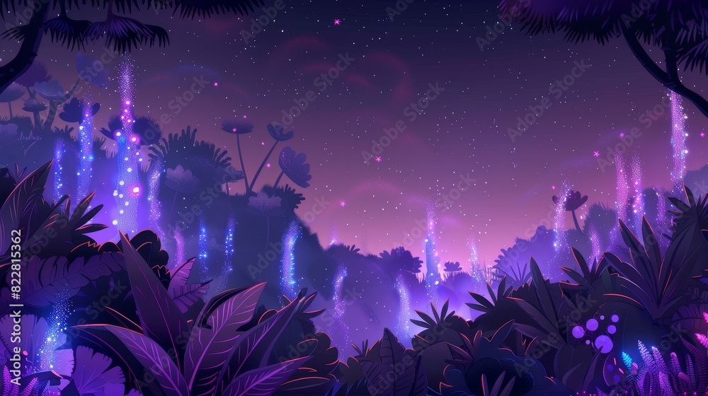 Lush jungle with giant plants glowing in vibrant night colors. Lush jungle with giant plants glowing in vibrant night colors.