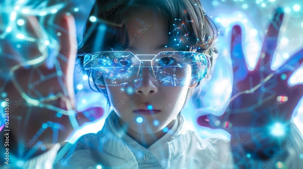 Fototapeta premium A person wearing smart glasses gesturing with their hands to cast spells in an augmented reality wizardry game.