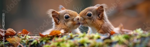 Sweet Red Squirrel Babies Kissing on Mossy Tree Trunk in Forest - Wildlife Animal Photography Background photo