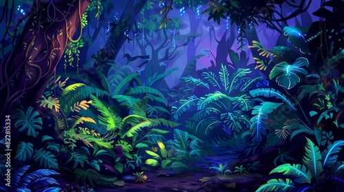 Lush jungle with giant plants glowing in vibrant night colors. © Crazy Juke