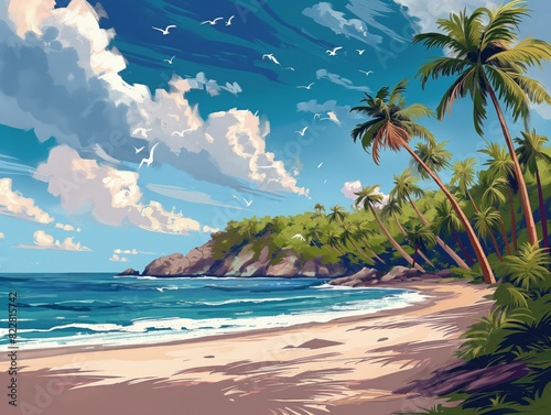 A beautiful beach scene with palm trees and a blue ocean. The sky is cloudy  but the sun is still shining through. Scene is peaceful and relaxing  as if you were there to enjoy the beach and the ocean