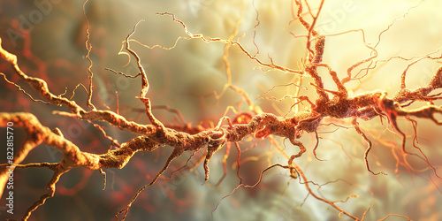 The Synaptic Symphony: A close-up of a neuron, its branches branching out and intertwining, against a softly pulsing background