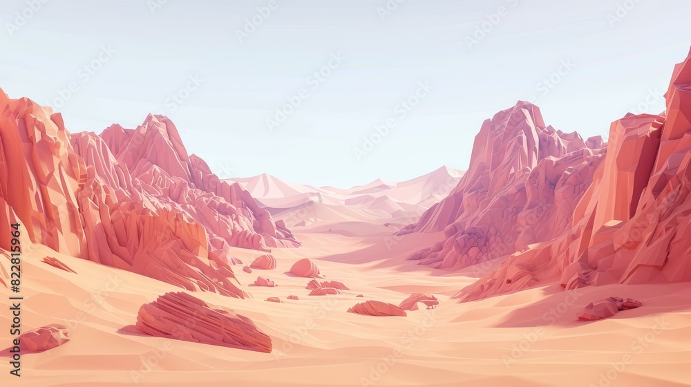 Naklejka premium Create a minimalistic low poly desert with pastel colored dunes and unique rocks.