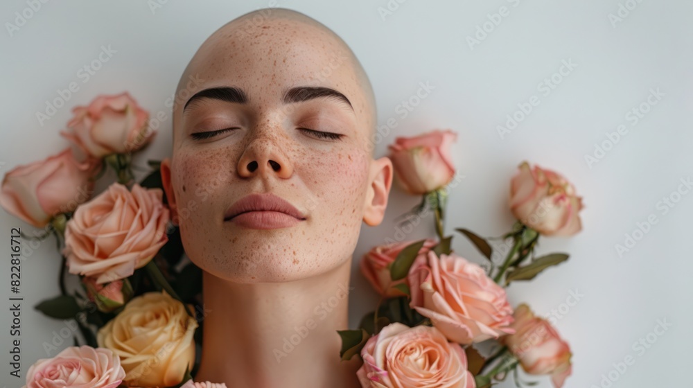 Serene Bald Woman with Pink Roses on White Background Serene Bald Woman with Pink Roses on White Background