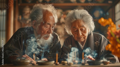 Grandparents performing morning prayers in a home shrine with incense and flowers