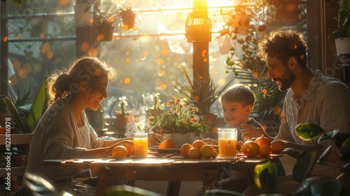 Family members sharing breakfast and laughing together around a dining table