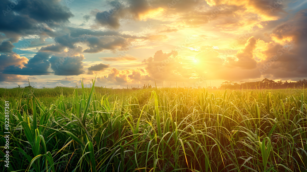 Golden sunset over lush sugarcane field