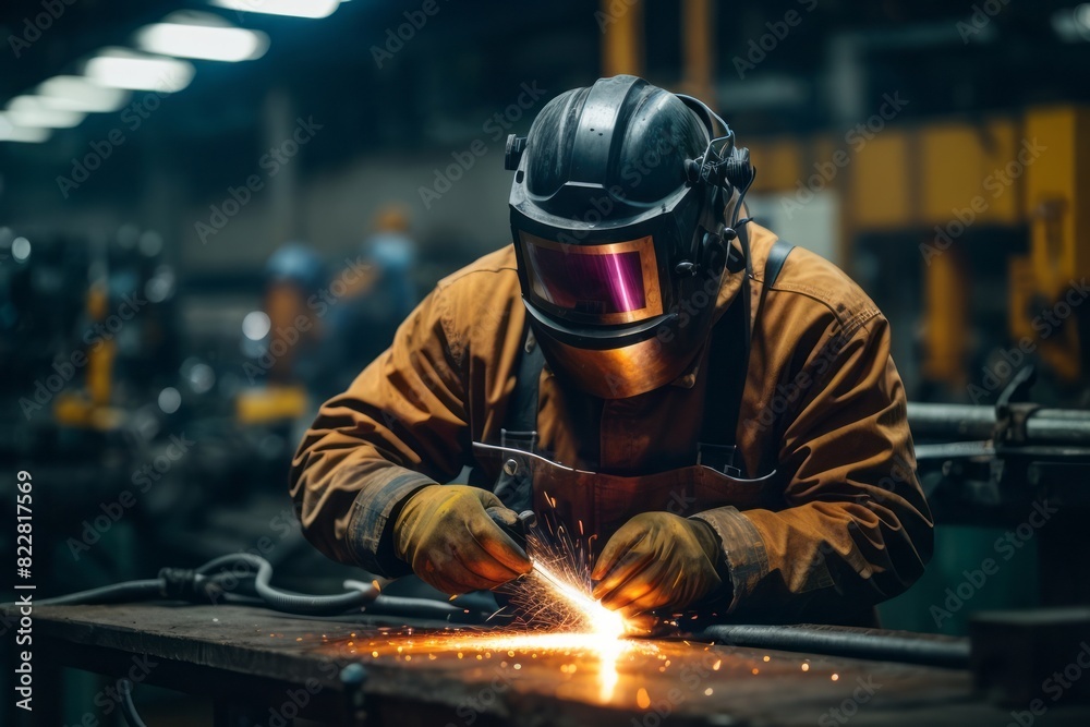 welder is welding metal with safety suit in factory industry welder is welding metal with safety suit in factory industry