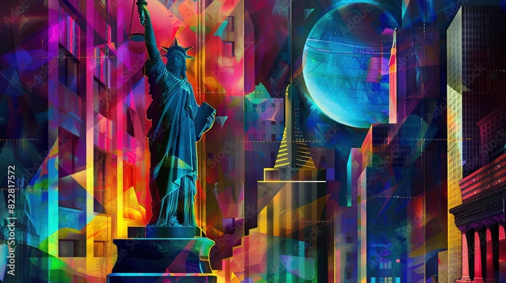 Obraz premium American Justice, American landmarks, whimsical and vibrant illustrations of fantasy worlds, contemporary abstract digital art, High-def