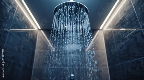 A bathroom with a smart showerhead powered by AI algorithms that control water flow to reduce energy consumption.