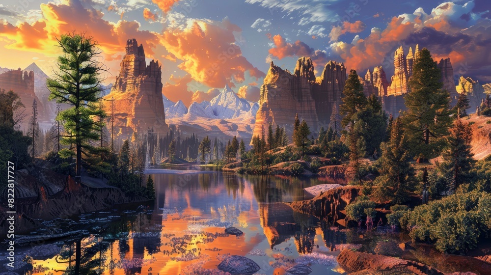 Fototapeta premium American Landmarks, US states, chromatic fantasy landscapes alive with magic, photorealism, HD