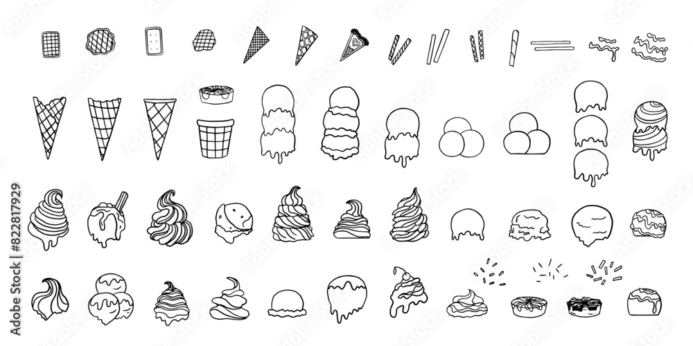 Ice cream constructor in doodle style. Prefabricated  ice cream with various fillings, scoops and triple scoops ice cream and waffle cones. Waffle cones for ice cream. Great for dessert menu design