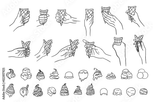 Ice cream constructor in doodle style. Prefabricated  ice cream with various fillings, scoops and triple scoops ice cream and waffle cones. Hand with waffle cone. Waffle cones for ice cream.