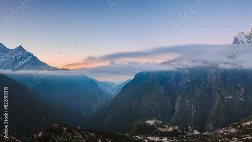 Sunrise panorama overlooking Namche Bazar in Nepals Himalayas with Kongde Ri in the background  photo