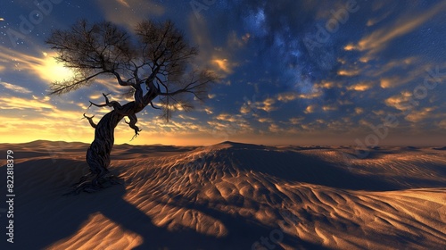 A 3D desert scene at twilight  with sand dunes casting long shadows and a lone  twisted tree under a vast  starlit sky. 32k  full ultra hd  high resolution