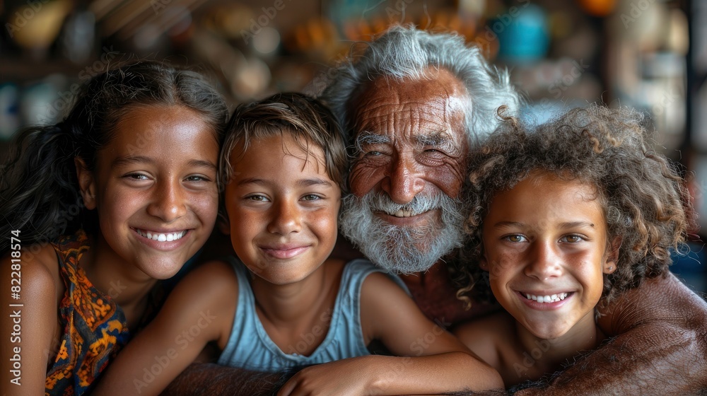 Multi-generational family members hugging and smiling for a photo Multi-generational family members hugging and smiling for a photo