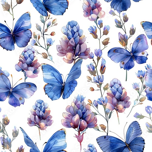 Blue Brownie butterfly and Tufted Vetch flowers in a seamless tile pattern. photo