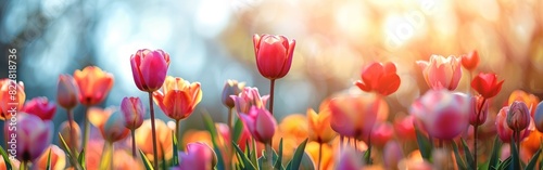 Spring Blossoms: Colorful Tulip Panorama in a Blooming Field with Sunlit Background #822818736