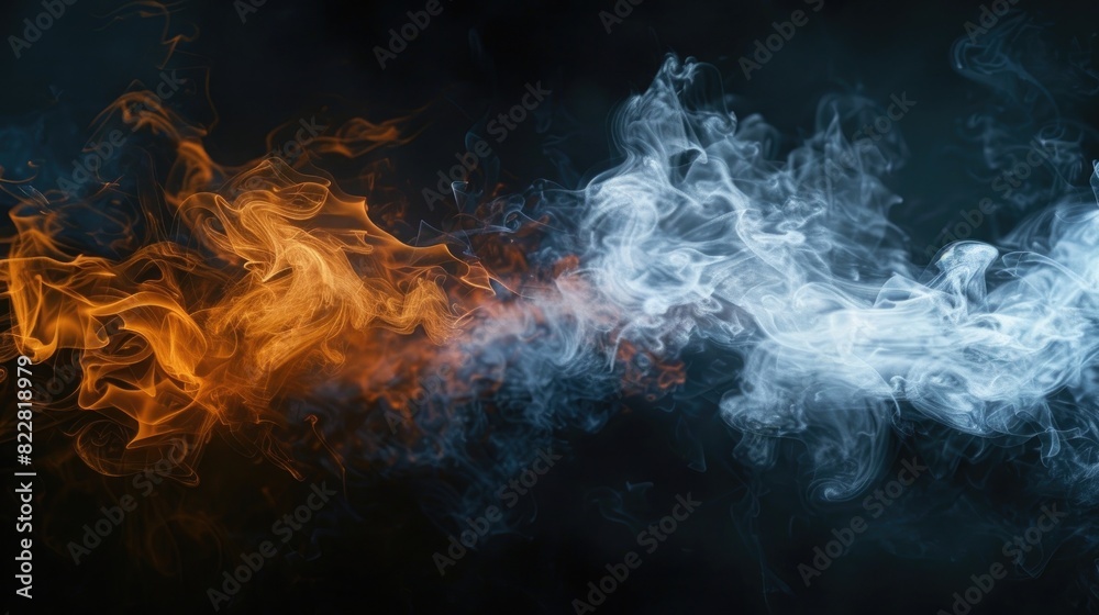 Skingy abstract smoke explosion on a black background. A fire and water concept. Blue, orange and white colors. A realistic photo with volumetric lighting. 