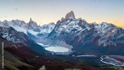 Sunset from a mountain near El Chalten, Patagonia, Argentina with scenes of Fitz Roy and Cerro Torre  photo