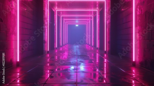 Violet Neon Corridor  Glowing Abstract Background with Laser Lines and LED Technology for Cyber Club or Stage Room