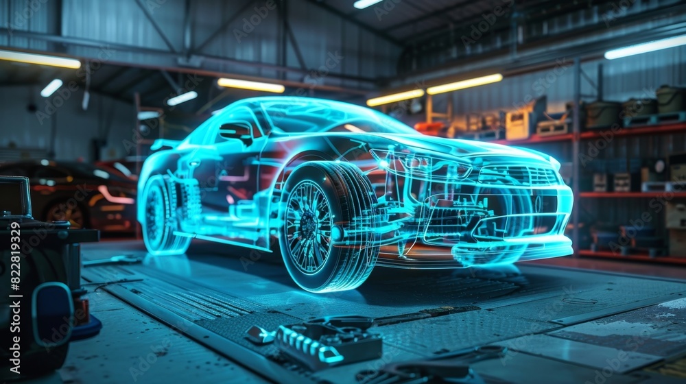 A holographic wrench tool floating in midair highlighting areas of a car that need attention. A holographic wrench tool floating in midair highlighting areas of a car that need attention.