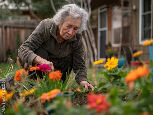 A woman is kneeling down in a garden, tending to some flowers. The garden is full of colorful flowers, including a variety of reds, oranges, and pinks. The woman is focused on her task