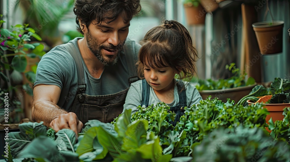 Obraz premium Parents teaching children about gardening in the backyard