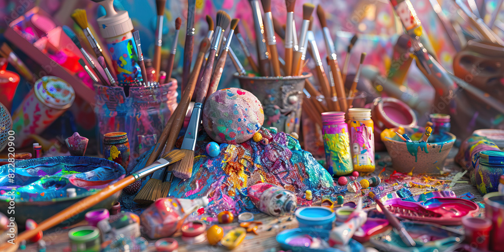 The Effervescent Spark of Imagination: A vibrant assortment of paintbrushes, crayons, and found objets d'art scattered about on a cozy patchwork rug The Effervescent Spark of Imagination: A vibrant assortment of paintbrushes, crayons, and found objets d'art scattered about on a cozy patchwork rug
