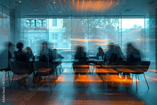 Blurry silhouettes of people in a modern office setting, captured during a meeting with an abstract, vibrant lighting effect.