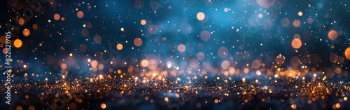 Golden New Year's Eve: Sparkling Fireworks, Celebrations, and Greetings with Golden Bokeh Lights on Dark Night Sky Background photo