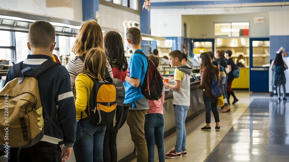 © Felippe Lopes - Students standing in line at a school cafeteria, waiting to get their lunch. They carry backpacks and engage in casual conversation. © Felippe Lopes - Students standing in line at a school cafeteria, waiting to get their lunch. They carry backpacks and engage in casual conversation.