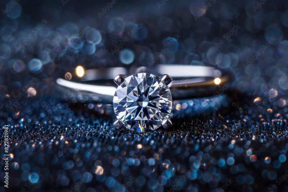 A close-up of a sparkling diamond ring with a round-cut diamond on a velvet background A close-up of a sparkling diamond ring with a round-cut diamond on a velvet background