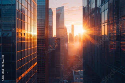 A dawn cityscape with modern architecture and the sun rising behind glass buildings