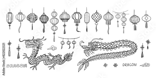 Wallpaper Mural Set of chinese lanterns and dragons. Chinese culture and traditions. Festivals and holidays. Chinese calendar animal. Celebrating Chinese New Year. Great for greeting card, banner, poster. Hand drawn Torontodigital.ca
