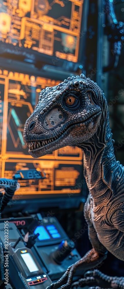 A Velociraptor in a lab setting, surrounded by gadgets and screens, showcasing its adaptability in modern tech development A Velociraptor in a lab setting, surrounded by gadgets and screens, showcasing its adaptability in modern tech development
