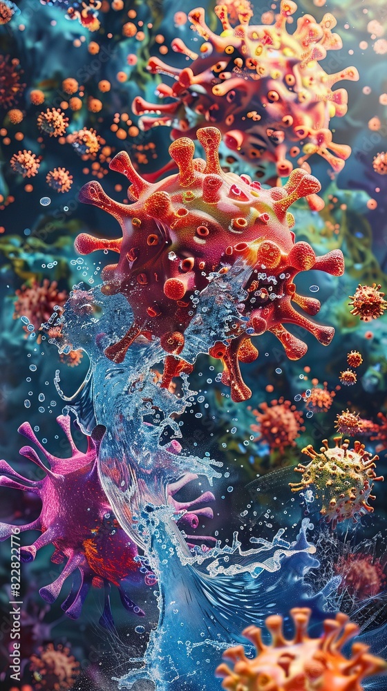 A vibrant depiction of a virus being dismantled piece by piece by the active agents of a vaccine, illustrating defense A vibrant depiction of a virus being dismantled piece by piece by the active agents of a vaccine, illustrating defense