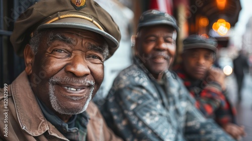 Veteran camaraderie: African American men and women sharing war memories over coffee on sunny day with flag backdrop photo