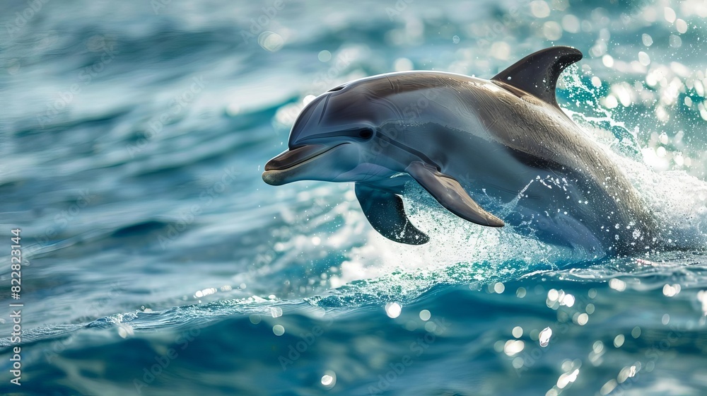 Naklejka premium A playful dolphin leaping out of the crystalclear ocean water,