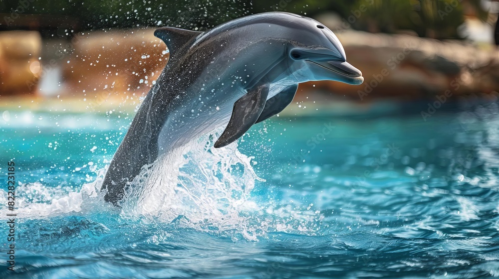 Fototapeta premium A playful dolphin leaping out of the crystalclear ocean water,
