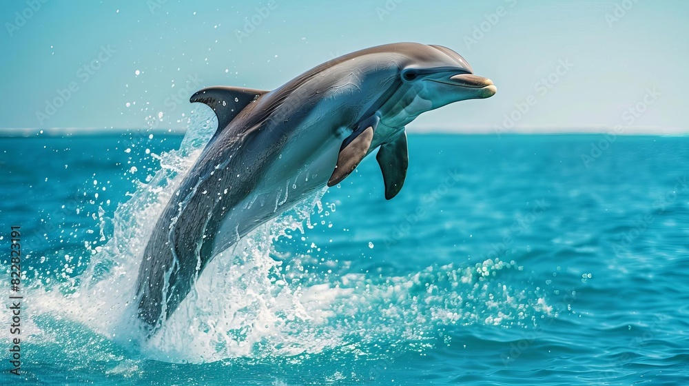 Fototapeta premium A playful dolphin leaping out of the crystalclear ocean water,