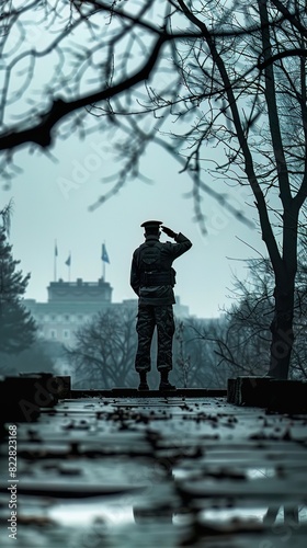 A soldier salutes at a war memorial, the solemn gesture a silent conversation with the past, honoring sacrifice photo