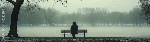 A solitary figure sitting on a bench in an empty park, head in hands, embodying deep unemployment sorrow photo