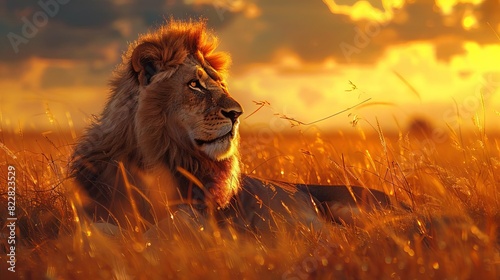 A regal lion basking in the golden light of the savannah sunset,