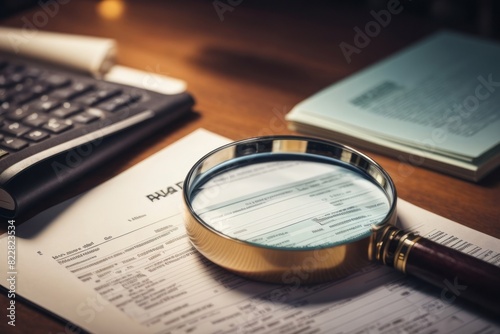 Magnifying glass and analytical graphic data documents on corporate office desk