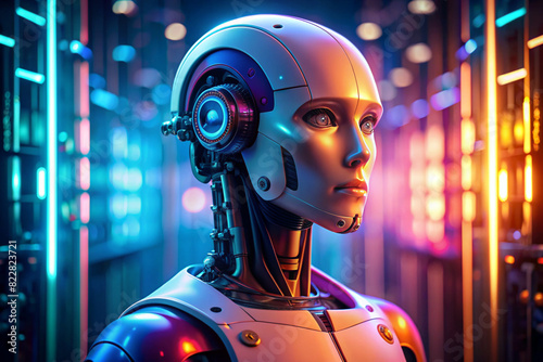 A robot with a white face and blue eyes stands in a brightly lit room. The robot's head is tilted to the side, and it is looking at the camera. The room is filled with neon lights