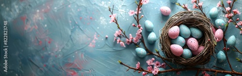 Frohe Ostern Grusskarte Banner mit pastel pink und blaue bemalte Ostereier in Nest auf blauem Tisch Hintergrund - Draufsicht photo
