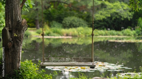 A simple wooden swing hanging from a sy tree branch overlooking a serene pond dotted with lily pads.